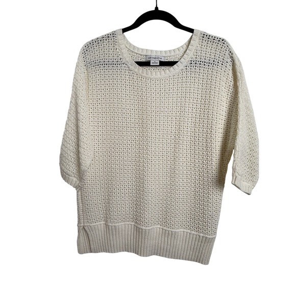 Liz‎ Claiborne Vintage Knit Top Cream Short Sleeve Pullover Sweater Size M - Picture 1 of 6